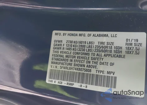 2019 Honda Odyssey Ex-L z USA, uszkodzony, nr VIN 5FNRL6H74KB075808